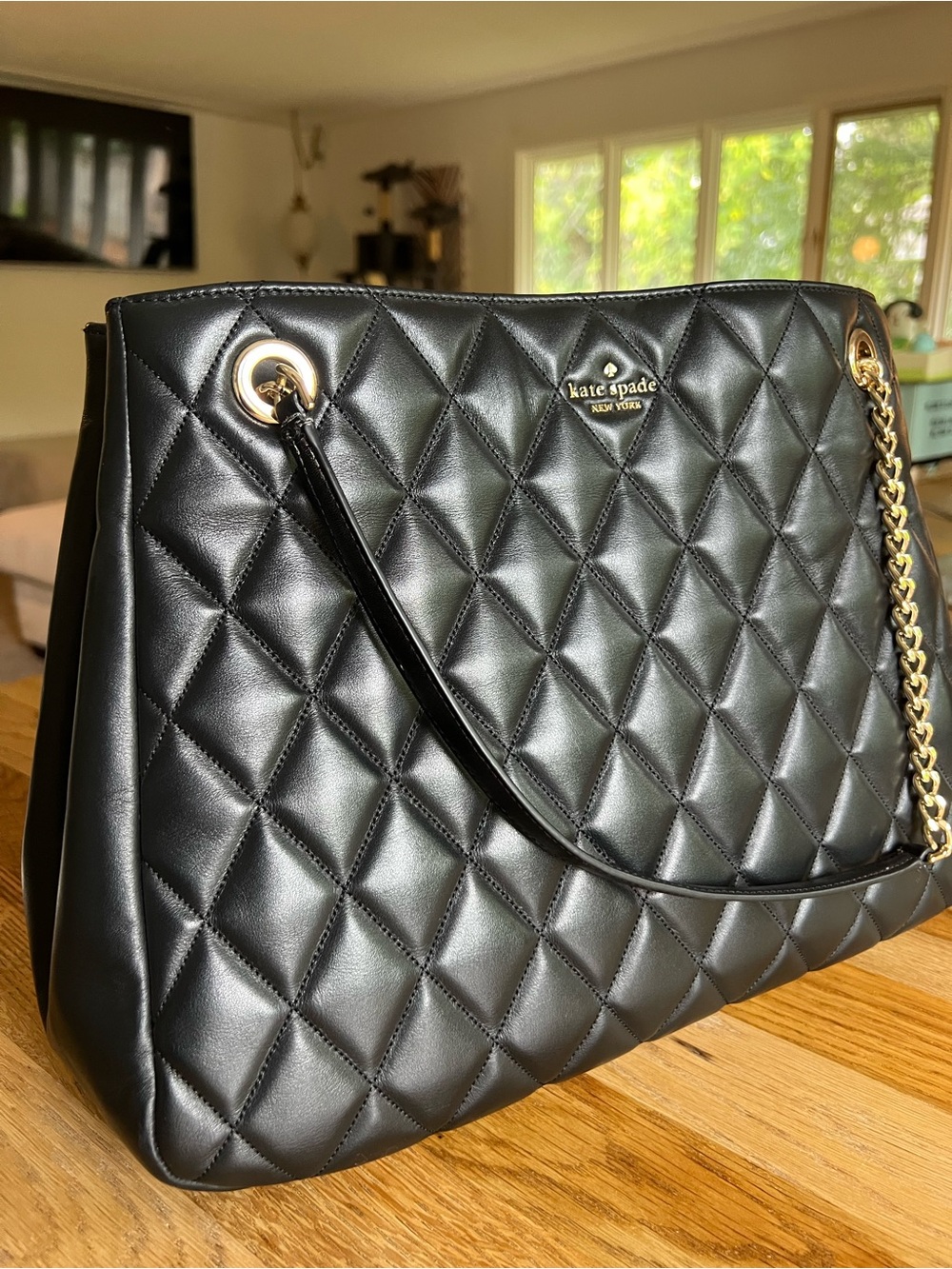 kate spade Black Quilted Leather Shoulder Bag with Gold Chain